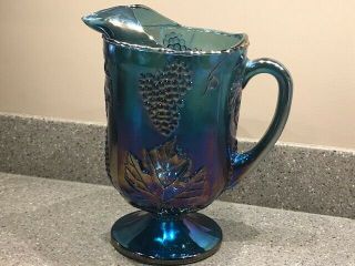 Vintage Indiana Carnival Glass Pitcher Blue Colony Harvest Grape Footed