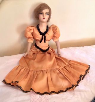 Vintage Boudoir Bed Doll Composition Painted Face Mohair Wig Cloth Body