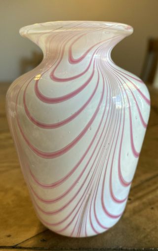 Signed White/pink Art Glass Vase Hand Blown Swirl 3.  5 2.  5in