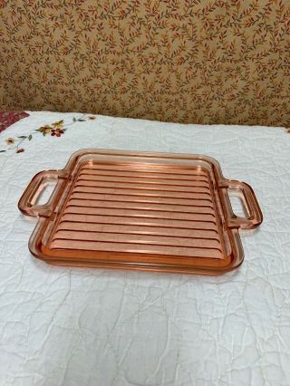 Vtg Pink Depression Glass Square Tray Ribbed 7.  25 " Two Handled