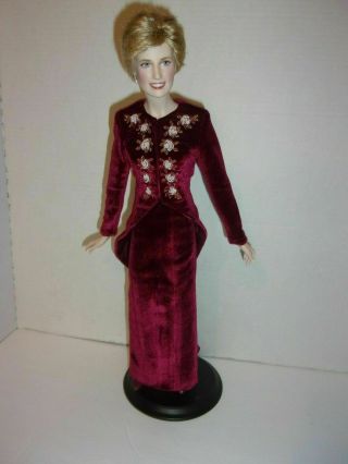 The Franklin Princess Diana Doll Burgundy Dress - Faux Pearl Beading 17 "