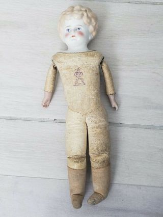 Antique Hertwig China Porcelain Doll Head Leather Body Germany 13 "