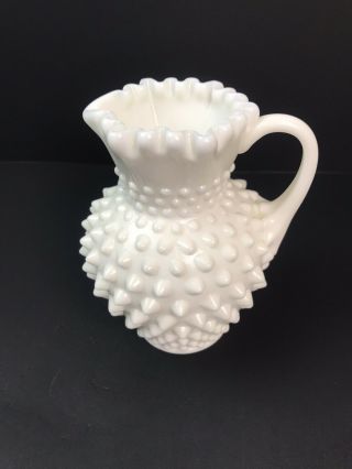 Vintage Fenton Hobnail White Milk Glass Pitcher Vase 6 " Tall With Ruffled Edge