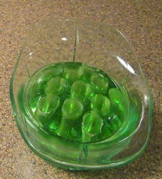 Vintage Green Glass Flower Frog 11 Holes W/t Bowl