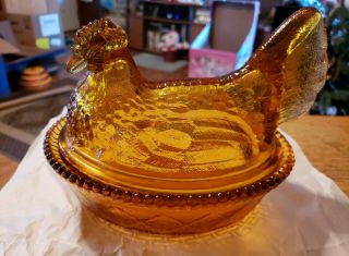 Unique Vintage Amber Glass Hen On Nest Basket Split Tail Head Turned Small