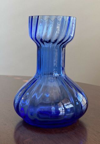 Vintage Blue Ribbed Hyacinth Bulb 6 1/2” X 4 1/2” Glass Vase