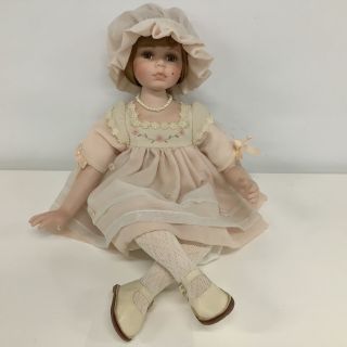 Sitting Porcelain Doll In Pink Dress Long Auburn Hair & Gold Eyes 454