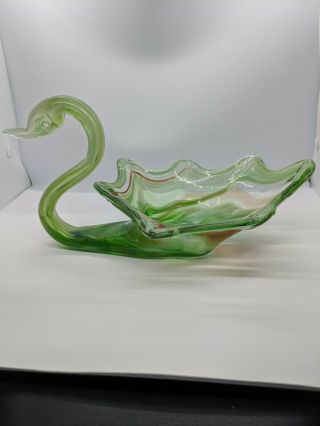 Vintage Murano Green Art Blown Glass Swan Candy Dish Bowl 10.  50 "