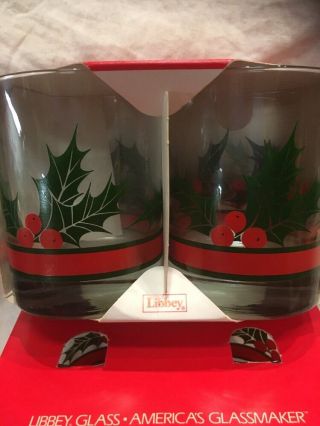 Vintage Set Of 4 Libbey Old Fashioned 14 Oz.  Christmas Glasses Holly Berries