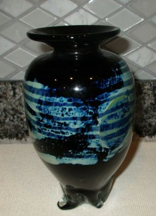 Vintage Hand - Blown Blue/green Art Glass Vase 8” X 4” Heavy Glass