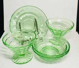 Vintage Anchor Hocking Green Block Optic Dessert Bowls Plates & Glasses 6 Pc Set