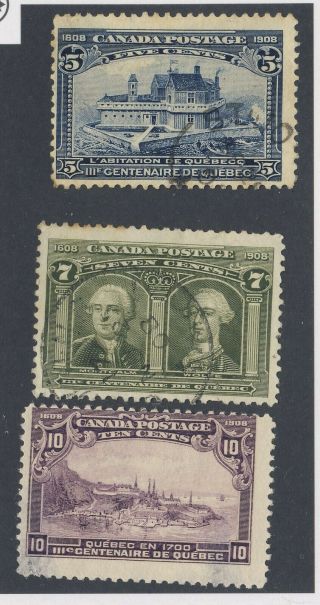 3x Canada 1908 Quebec Stamps 99 - 5c 100 - 7c & 101 - 10c Thins Gv= $200.  00,