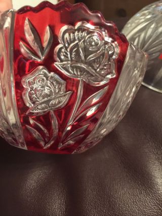 Vintage Anna Hutte Bleikristall Lead Crystal Red Rose Candy Dish W/ Lid Germany