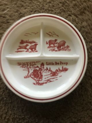 Vintage Fire King Little Bo Peep Childs Divided Dish Red Transfer Bowl