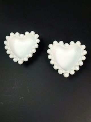 2 Vintage Fenton Hobnail White Milk Glass Heart Shaped Bonbon/candy Dish 4 "