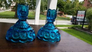 Vintage Le Smith Moon & Stars Blue Glass Set Of Candle Holders