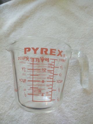 Pyrex 516 Vintage Glass Measuring Cup W/d - Handle - Red Lettering - 2 Cup/16 Oz