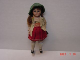 Antique German All Bisque Doll Jointed Arms And Legs 3.  75 Red Skirt