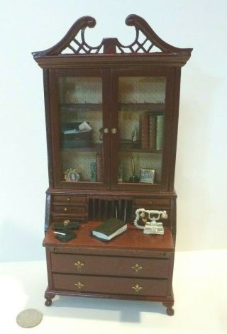 Dollhouse Miniature Upright Desk With Bookshelf And Drawers