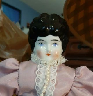 Antique 9 1/2 Inch China Head Doll In Pretty Lavender Dress