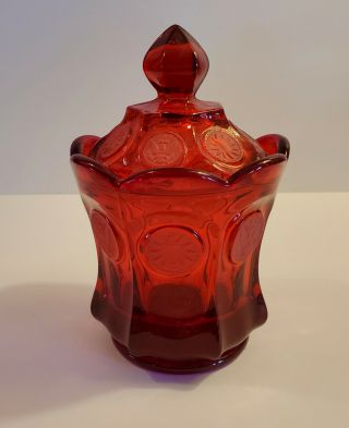 Vintage Fostoria Ruby Red,  Coin Candy Jar W Ith Lid -