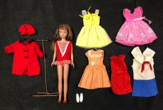 Vintage Skipper Doll 1963 Black Cherry Hair With Outfits,  Shoes,  Stand
