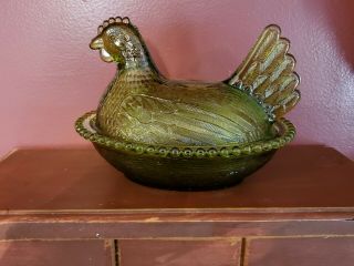Vtg.  Indiana Glass Hen On Nest - Green