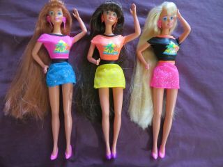 3 Rare Vintage Loose Mattel 1993 Glitter Hair Barbie Blonde Brunette Red Head Nr