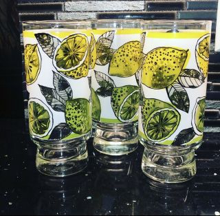 Libbey Citrus Lemon Lime Glassware Set 3 Iced Tea Lemonade Mid Century Made Usa