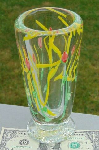 Vintage Thick Heavy Murano Art Glass Red Yellow Green & Clear Vase