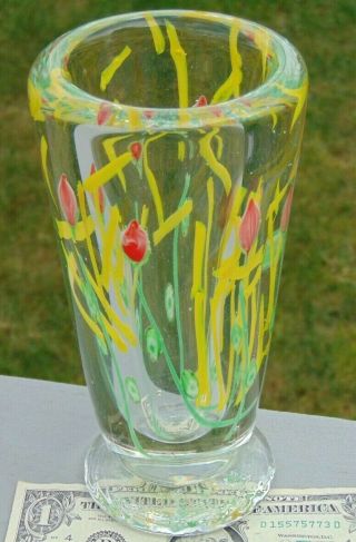 Vintage Thick Heavy Murano Art Glass Red Yellow Green & Clear Vase 2