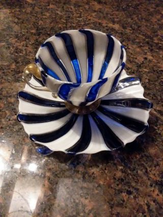 Vintage Cobalt Blue And White Swirled Glass Teacup And Saucer