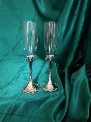 Lenox Crystal & Silver Plate Floating Hearts Champagne Flutes Set Of 2