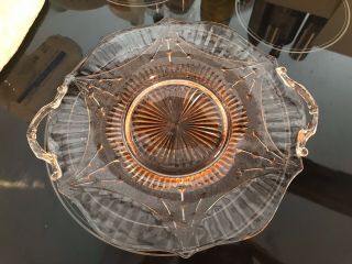 Vintage Lancaster Pink Depression Glass,  " Dart " Pattern Handled Cake Plate