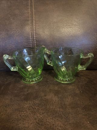 Vintage Green Depression Glass Swirled Patterned Creamer And Sugar Set