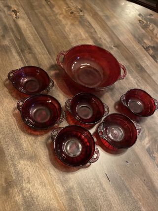 Set Of Vintage Depression Glass Ruby Berry Bowls W/ Handles 9 3/4” & 5 1/2” (6)
