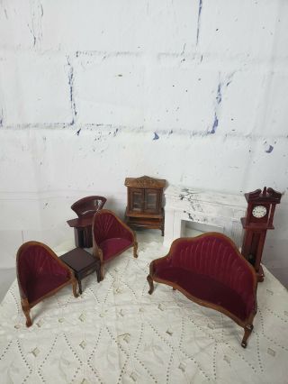 Vintage Dollhouse Furniture 8 Pc Victorian Living Room Set W/ Marble Fireplace