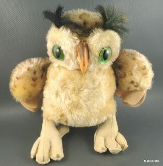 Steiff Wittie Owl Mohair Plush Large 22cm 9in Green Glass Eyes 1960s Vtg No Id