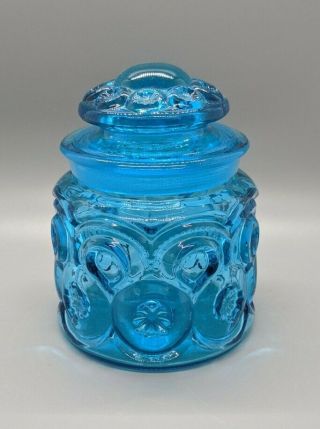 Vintage 5 " Le Smith Moon And Stars Blue Glass Candy Jar Canister With Lid