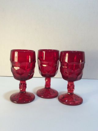 Vintage Set Of 3 Avon Ruby Red Footed Wine Glasses 5”