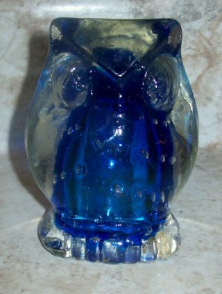 Blue Glass Owl Paperweight Hand Blown Art Controlled Bubble Bird Retro Vintage