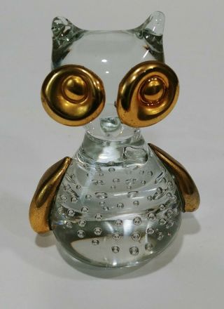 Vintage Blown Art Glass Owl Figurine/ Paper Weight With Gold Accents