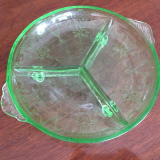 (1) Antique Green Glass 3 - Partition Relish Dish,  Antique,  7.  5 Inches Diameter