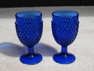 2 Vintage L E Smith Cobalt Blue Hobnail Water Goblets