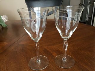 Two (2) Vintage Etched Crystal Wine Water Goblets 7 1/2 "
