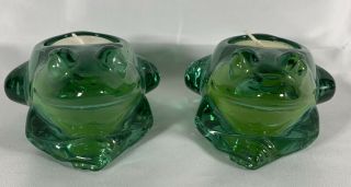Vintage Indiana Art Glass Two Green Frogs Votive Candle Holder & Paperweight