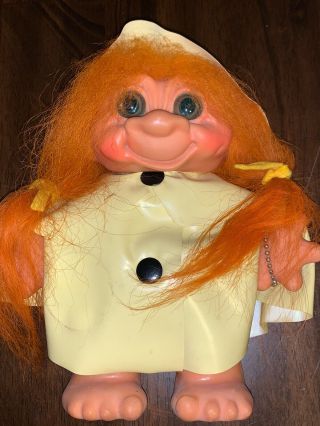 Vintage 1960s Thomas Dam Troll Doll Orange Hair Yellow Rain Coat 8 " Bank Rare