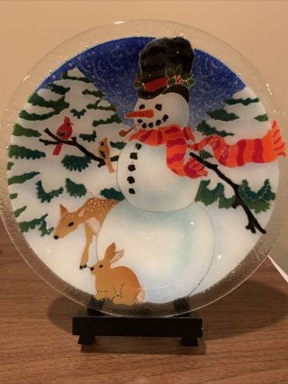 Peggy Karr Fused Glass Christmas Snowman With Forest Animals 10 3/4” Bowl