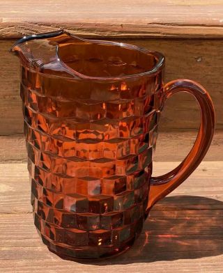 Vintage Mid - Century Indiana Glass Amber Cubist Heavy Water Pitcher 8” Tall