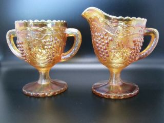 Vintage Marigold Carnival Cream & Sugar By Imperial Glass Co In Grape & Cable